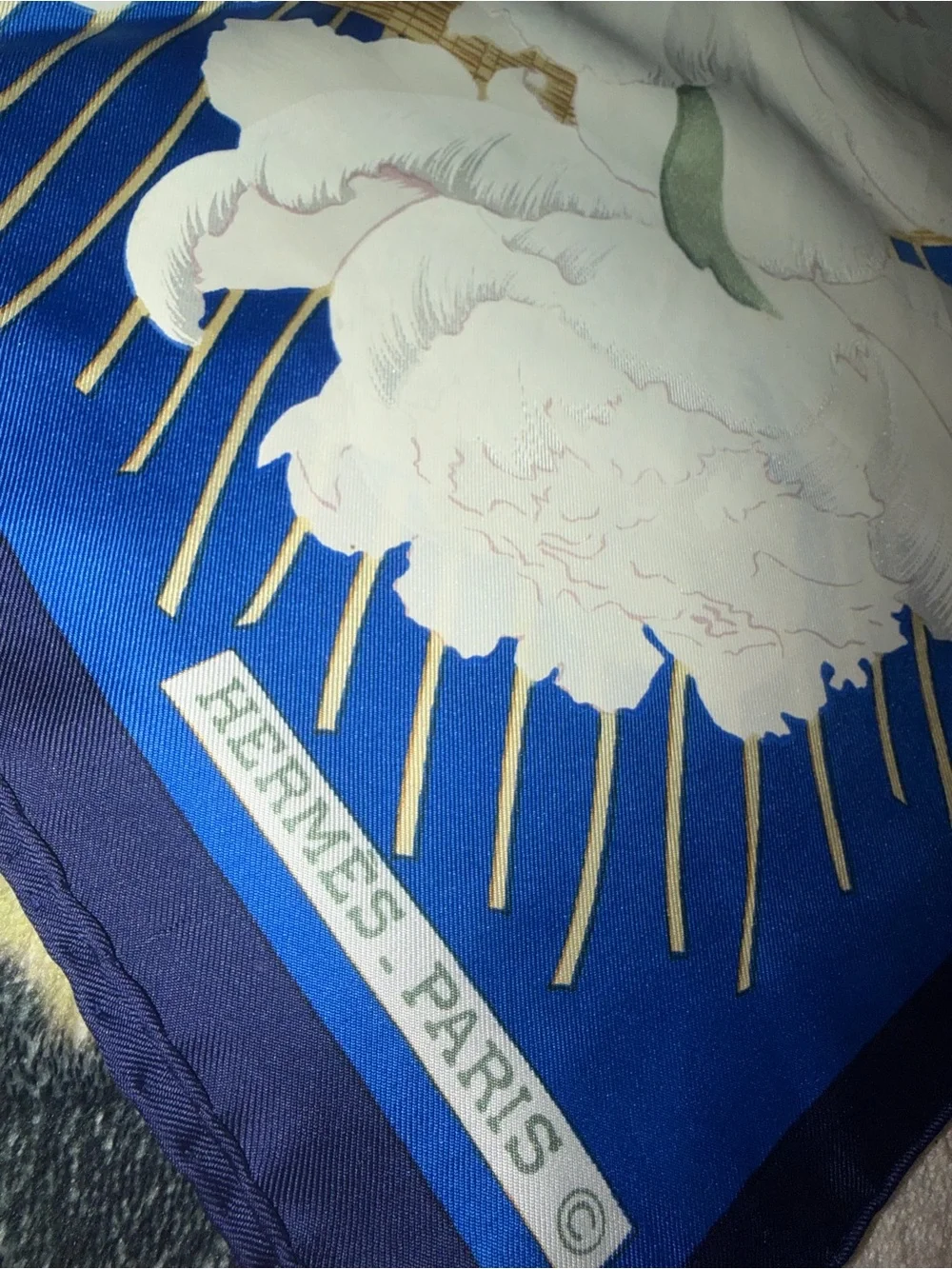 Hermes La Maison Blue White Gold Floral Silk Scarf